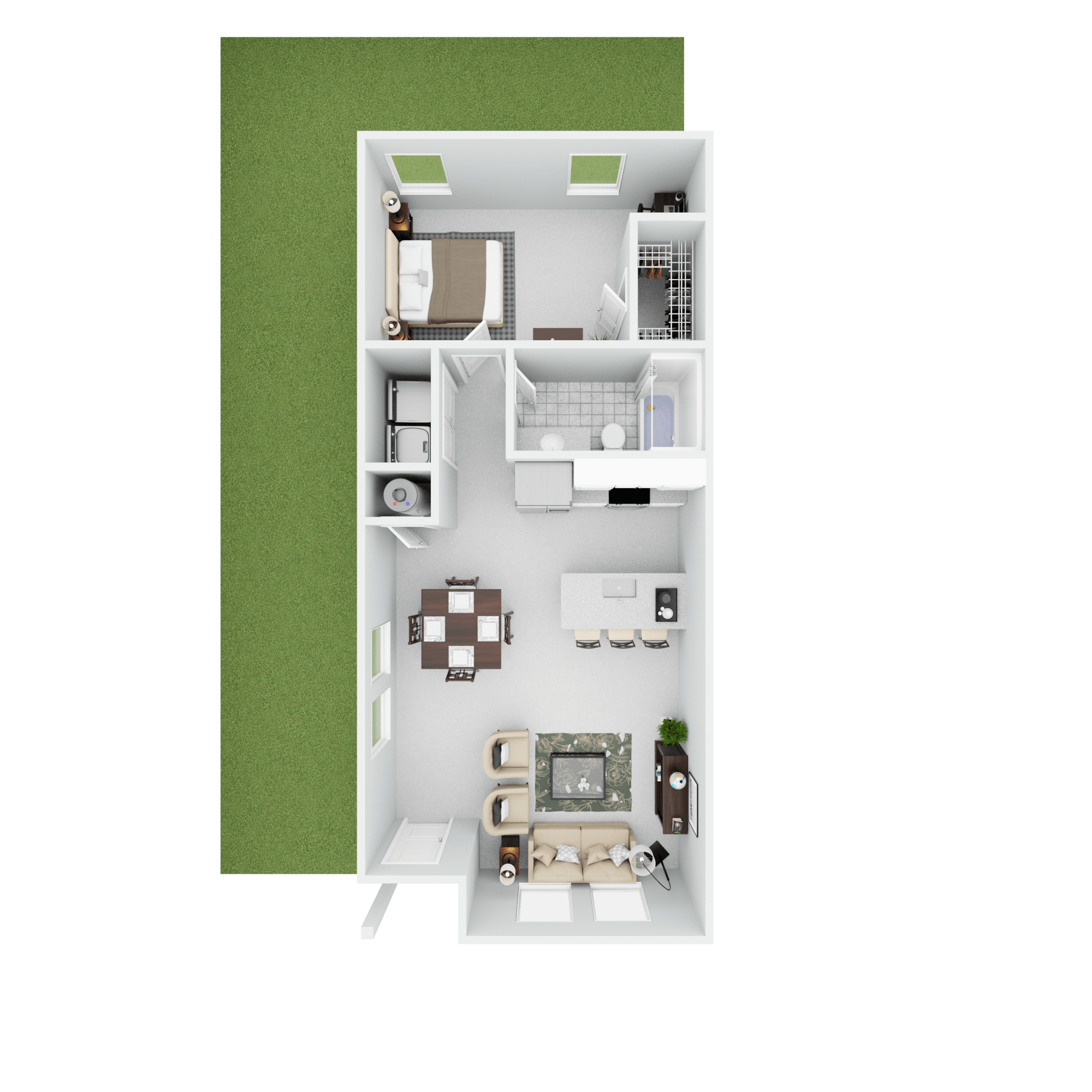 A floor plan of a small apartment with a kitchen